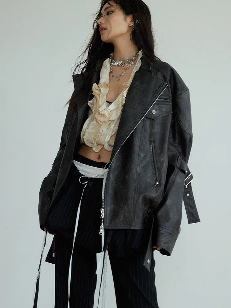 PU Leather Dark Brown Big Size Vintage Jacket New Stand Collar Long Sleeve Women Coat Fashion Spring Autumn 2025 1DH7079