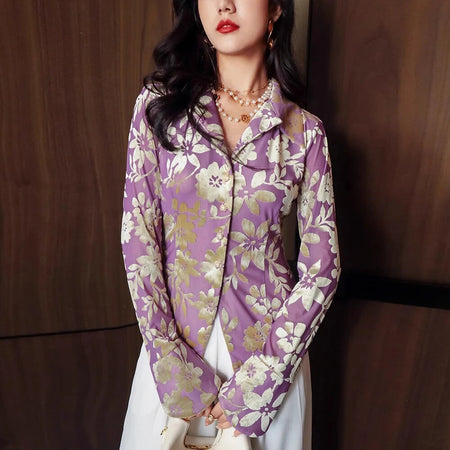 Colorblock Jacquard Casual Slimming Shirts For Women Lapel Long Sleeve Spliced Single Breasted Blouse Female