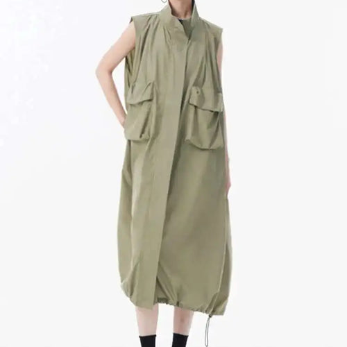 Load image into Gallery viewer, Women Green Pocket Hem Drawstring Big Size Vest Dress New Stand Collar Sleeveless Fashion Tide Spring Autumn 2025 1DJ0147
