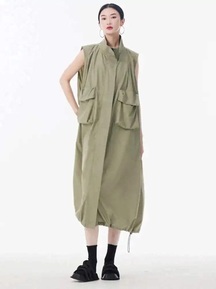 Women Green Pocket Hem Drawstring Big Size Vest Dress New Stand Collar Sleeveless Fashion Tide Spring Autumn 2025 1DJ0147