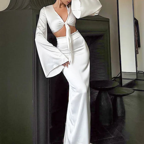 Load image into Gallery viewer, Elegant Flare Sleeves Satin Slim Long Dress Two Piece Set For Women's Summer New Sexy Lace Up Short Top Long Dress Set
