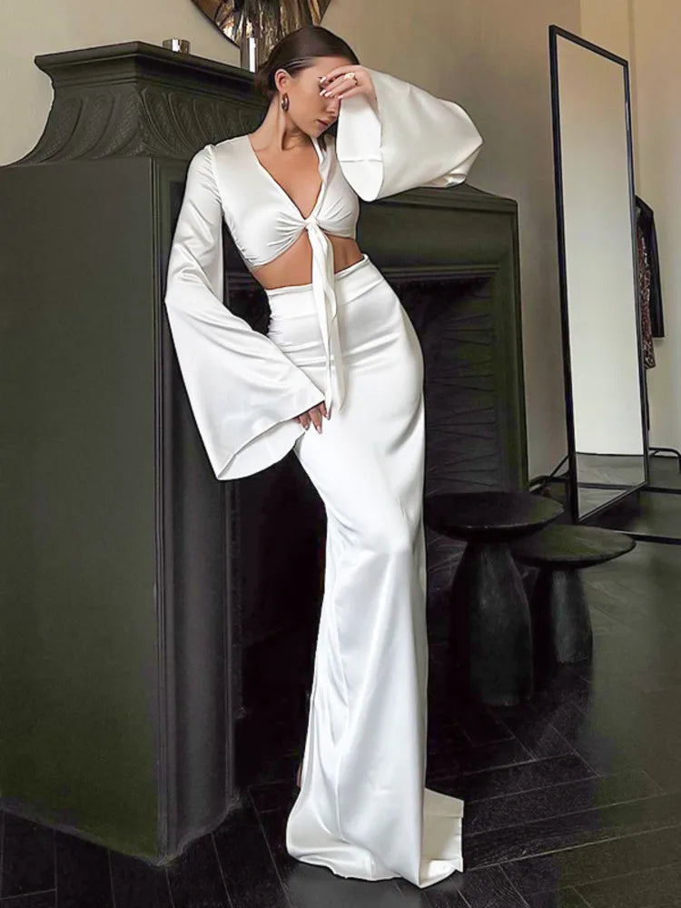 Elegant Flare Sleeves Satin Slim Long Dress Two Piece Set For Women's Summer New Sexy Lace Up Short Top Long Dress Set