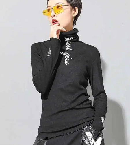 Women Black High Elastic Letter Slim Casual T-shirt New Turtleneck Long Sleeve Fashion Tide Spring Autumn 2025 1DF4640
