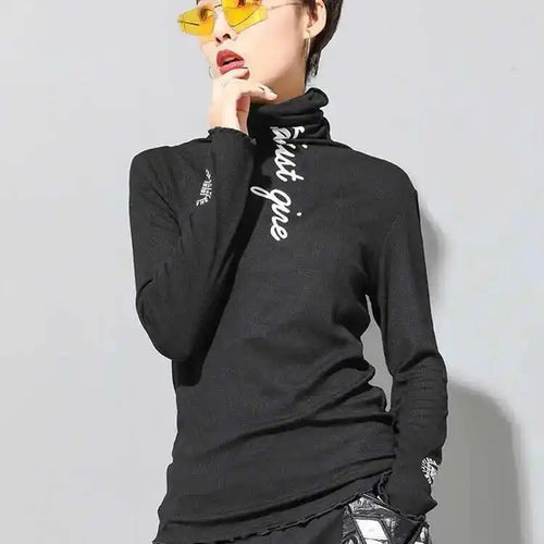 Load image into Gallery viewer, Women Black High Elastic Letter Slim Casual T-shirt New Turtleneck Long Sleeve Fashion Tide Spring Autumn 2025 1DF4640
