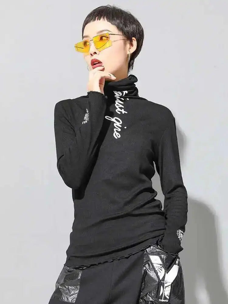 Women Black High Elastic Letter Slim Casual T-shirt New Turtleneck Long Sleeve Fashion Tide Spring Autumn 2025 1DF4640