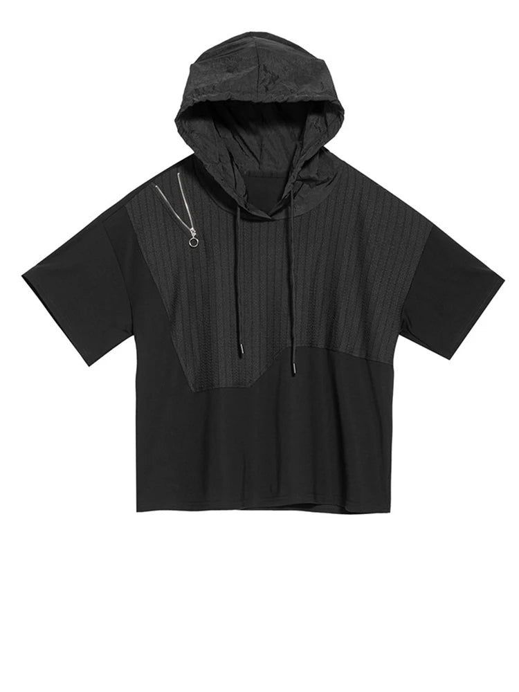 Women Black Zipper Drawstring Spliced Big Size T-shirt New Hooded Short Sleeve Fashion Tide Spring Summer 2025 1DJ1775