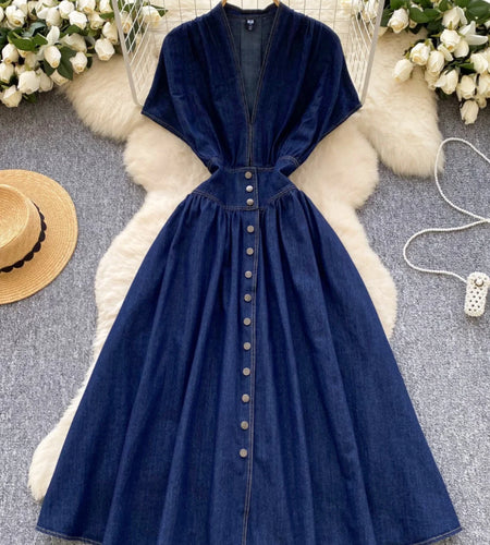 French Vintage Blue Elegant Single Breasted Short Sleeved High Waist Pleated Denim Dresses Spring Fashion V Neck Party Dress New