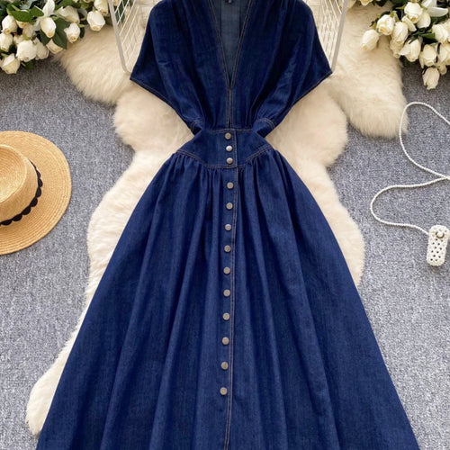 Load image into Gallery viewer, French Vintage Blue Elegant Single Breasted Short Sleeved High Waist Pleated Denim Dresses Spring Fashion V Neck Party Dress New

