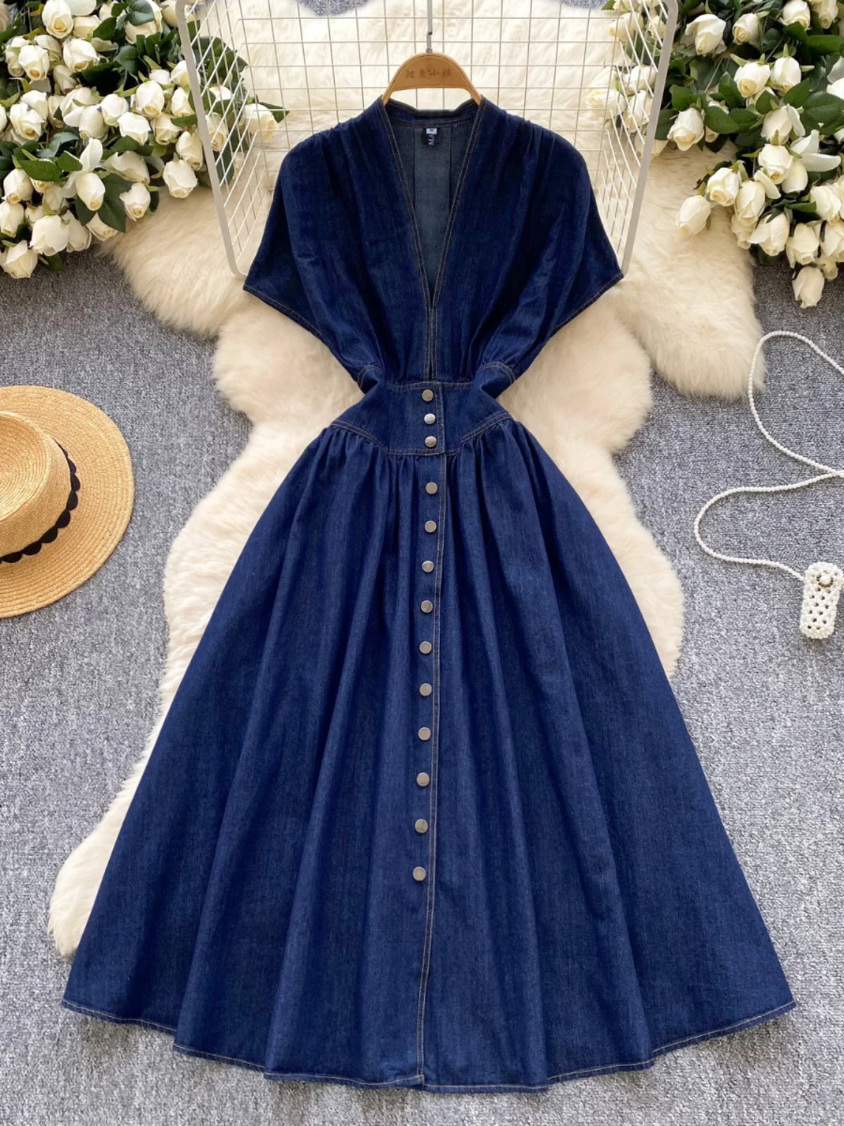 French Vintage Blue Elegant Single Breasted Short Sleeved High Waist Pleated Denim Dresses Spring Fashion V Neck Party Dress New
