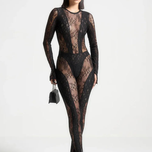 Load image into Gallery viewer, Sexy Lace Patchwork Long Sleeved See Through Women Jumpsuit Tight Backless Autumn Winter New 2024 Female Party Clothing
