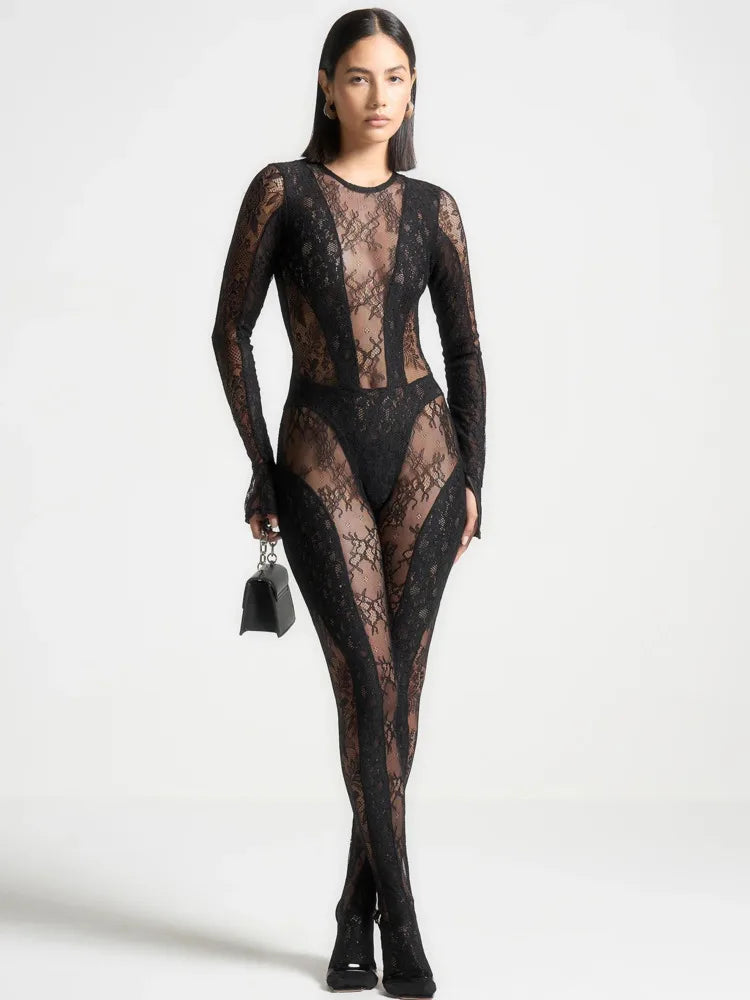 Sexy Lace Patchwork Long Sleeved See Through Women Jumpsuit Tight Backless Autumn Winter New 2024 Female Party Clothing