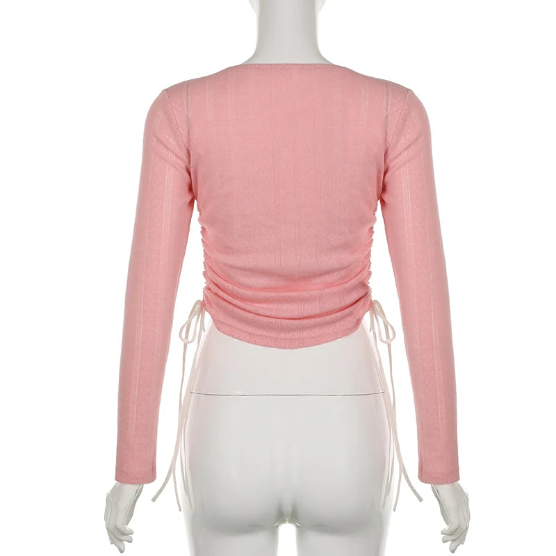 Sweet Pink Fold Patched Autumn Tee Shirts Slim Drawstring Square Neck Crop Top Women Tshirts Coquette Clothes Bow Y2K