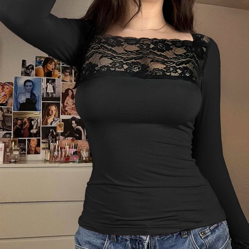 Vintage Lace Patchwork Hook Floral T-shirts Women Elegant Slim-Fit Square Neck Spring Autumn Tops Long Sleeve Clothes