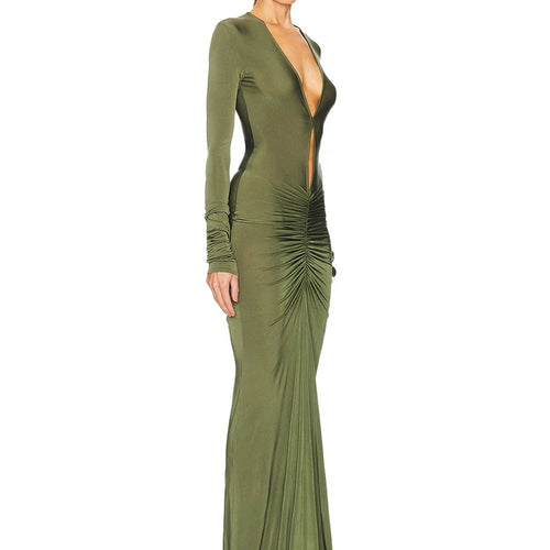 Load image into Gallery viewer, Hollow Out Long Sleeve Ruched Sexy Maxi Dress Women Green Deep V Neck Bodycon Evening Club Party Long Dress Elegant
