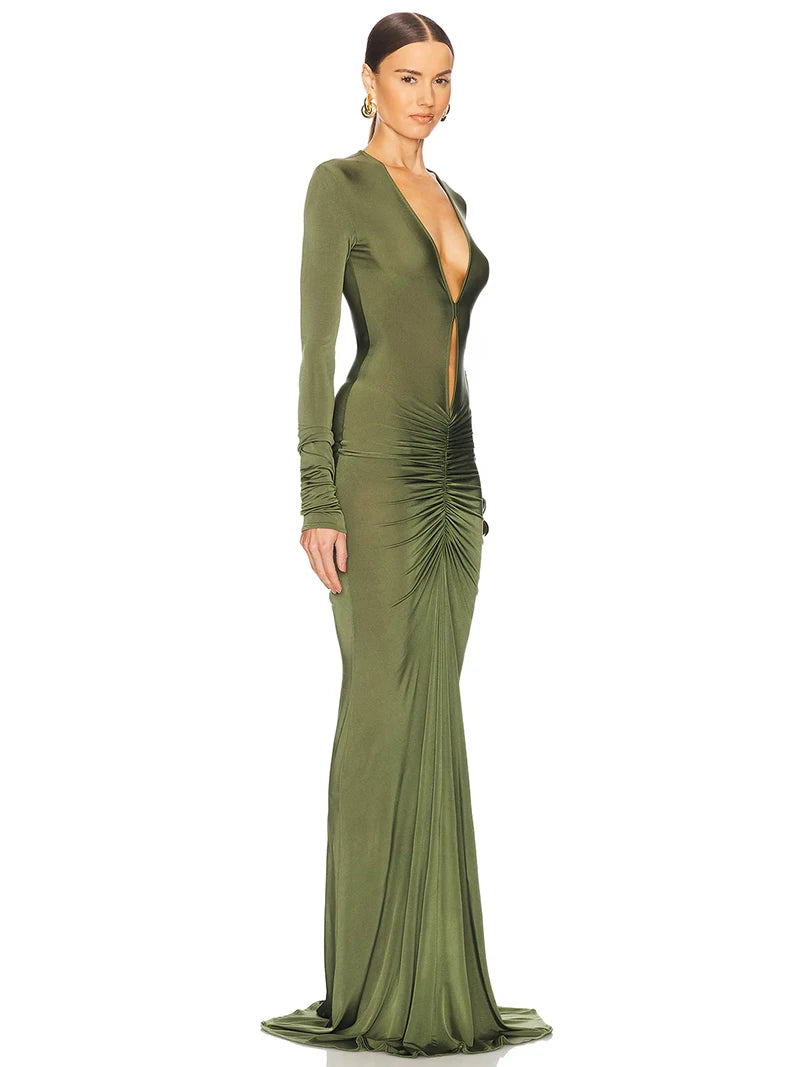Hollow Out Long Sleeve Ruched Sexy Maxi Dress Women Green Deep V Neck Bodycon Evening Club Party Long Dress Elegant