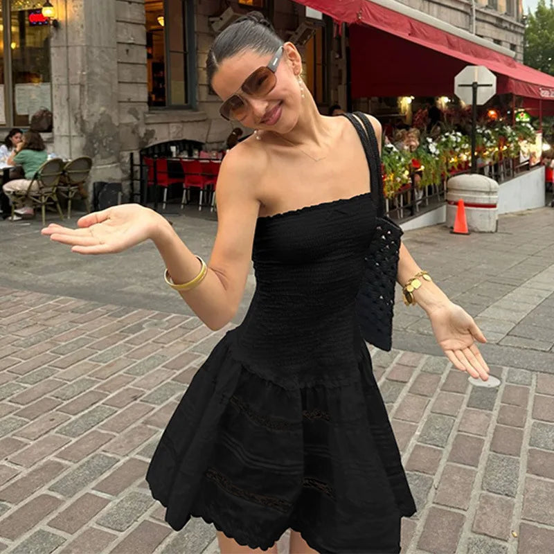 Off-shoulder Strapless A-line Sexy Mini Dress For Women Fashion Lace Sleeveless Backless High Waist Club Party Dress