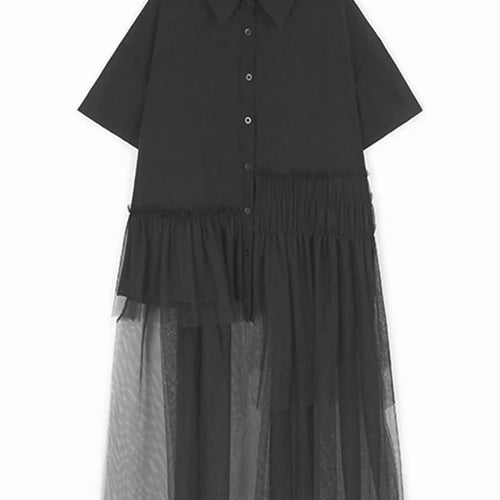 Load image into Gallery viewer, Women Black Mesh Irregular Big Size Long Blouse New Lapel Short Sleeve Shirt Fashion Tide Spring Summer 2025 1DJ1206
