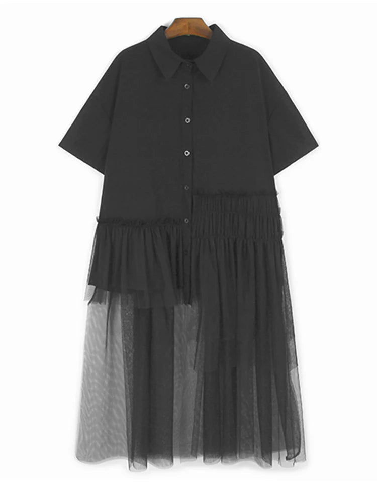 Women Black Mesh Irregular Big Size Long Blouse New Lapel Short Sleeve Shirt Fashion Tide Spring Summer 2025 1DJ1206