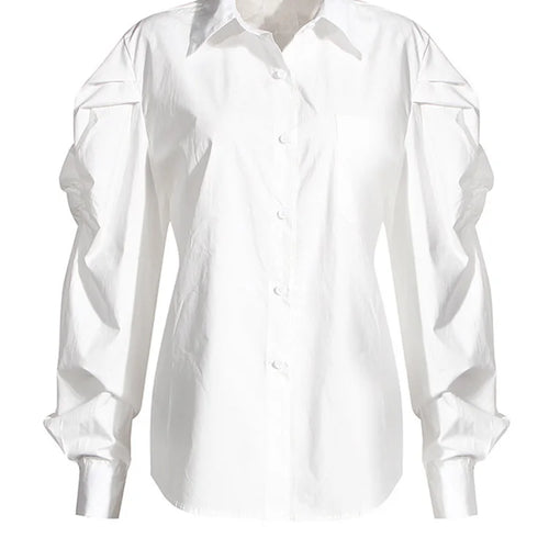 Load image into Gallery viewer, Women Blue Denim Irregular Blouse New Lapel Long Puff Sleeve Loose Fit Shirt Fashion Tide Spring Autumn 2025 1Z595
