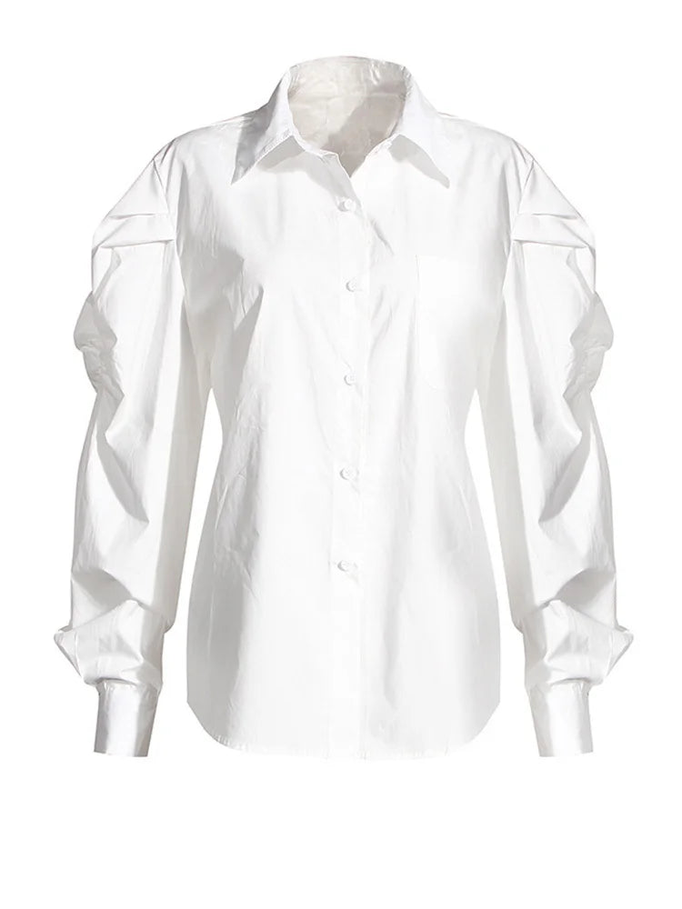 Women Blue Denim Irregular Blouse New Lapel Long Puff Sleeve Loose Fit Shirt Fashion Tide Spring Autumn 2025 1Z595