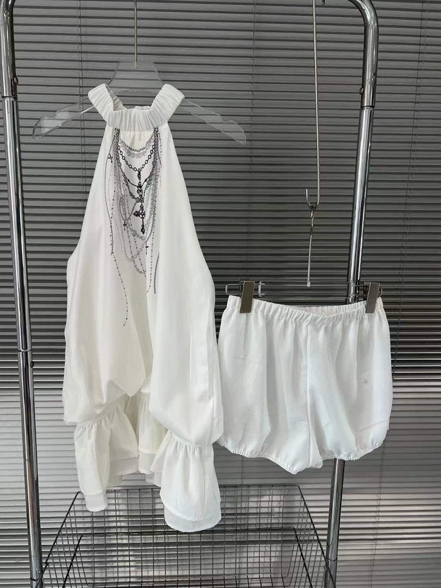 Hit Color Printing Two Piece Set For Women O Neck Sleeveless Vest High Waist Temperament Shorts Elegant Sets Female