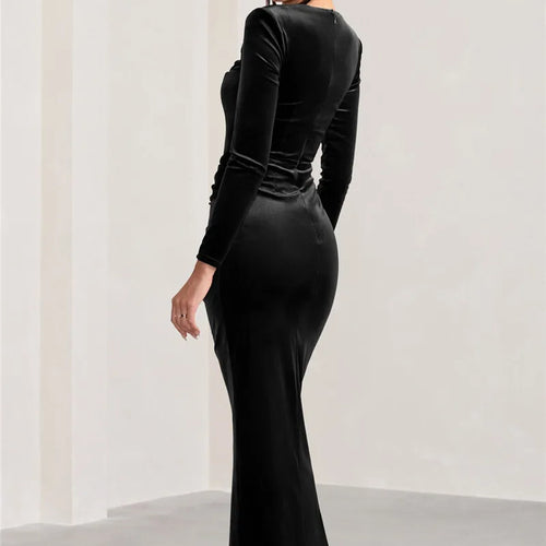 Load image into Gallery viewer, Square Collar Long Sleeve Sexy Maxi Dress For Women Velvet Fashion Ruched Split Bodycon Club Party Elegant Long Dress
