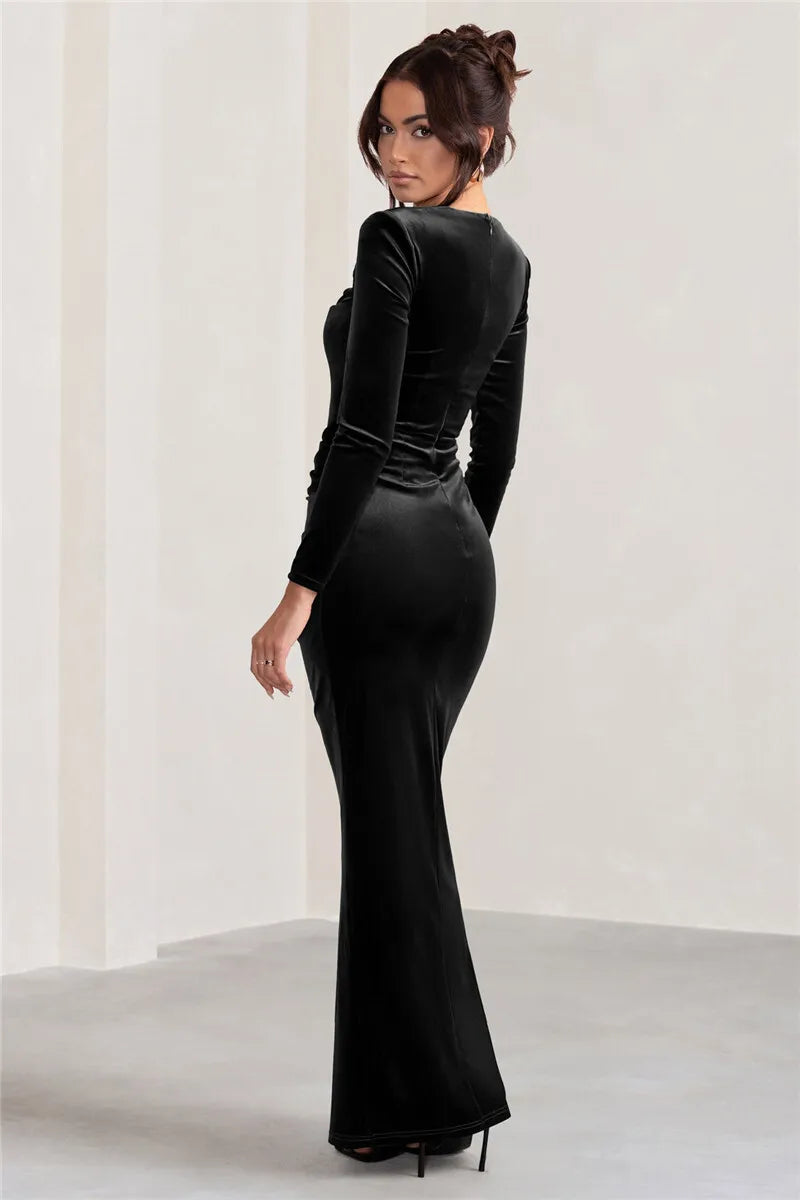 Square Collar Long Sleeve Sexy Maxi Dress For Women Velvet Fashion Ruched Split Bodycon Club Party Elegant Long Dress