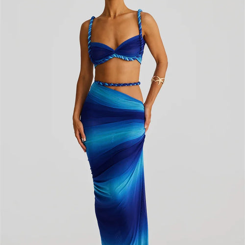 Load image into Gallery viewer, Summer Beach Sexy Two Piece Sets Women Strapless Crop Tops And Maxi Skirt Female Elegant Vacation Club 2 Piece Set
