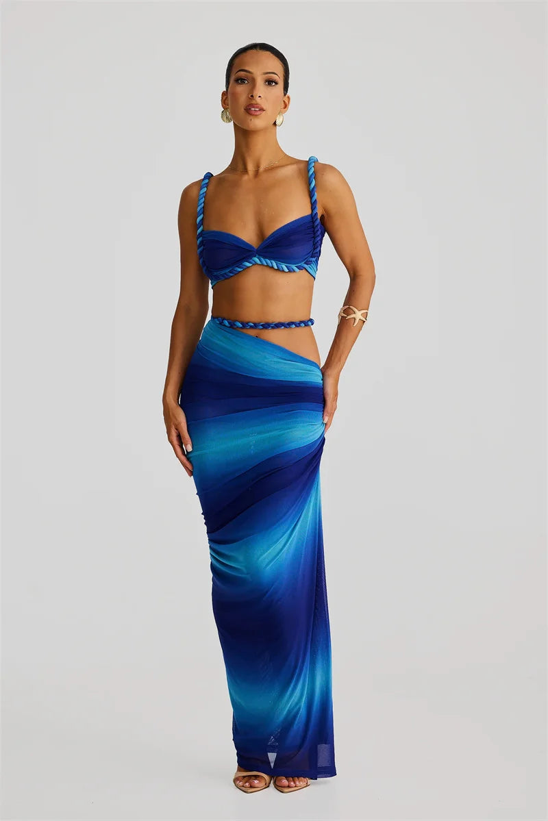 Summer Beach Sexy Two Piece Sets Women Strapless Crop Tops And Maxi Skirt Female Elegant Vacation Club 2 Piece Set