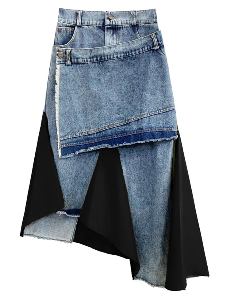 High Elastic Waist Black Denim Irregular Color-block Half-body Skirt Women Fashion Tide New Spring Autumn 2025 1DH5253