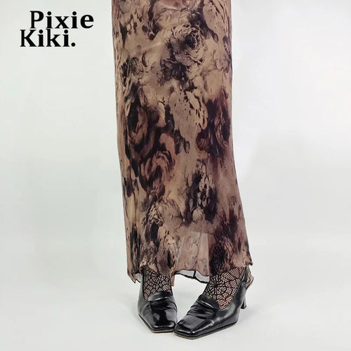 Load image into Gallery viewer, Retro Rose Print Mesh A-line Long Skirt Fairy Grunge Y2k Skirts Women Clothing P84-CE28
