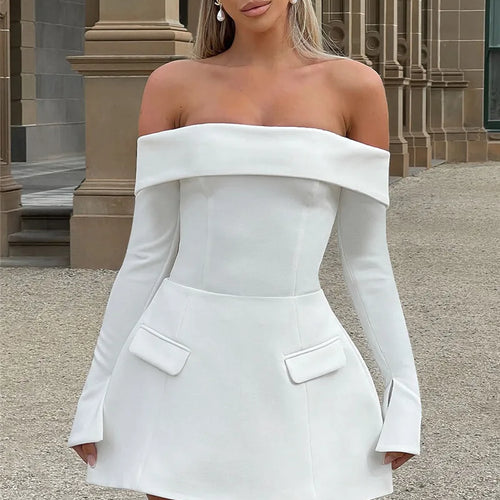 Load image into Gallery viewer, Off-shoulder Long Sleeve Sexy Mini Dress For Women Two Pocket Strapless Backless A-line Club Party Sexy Dress Elegant
