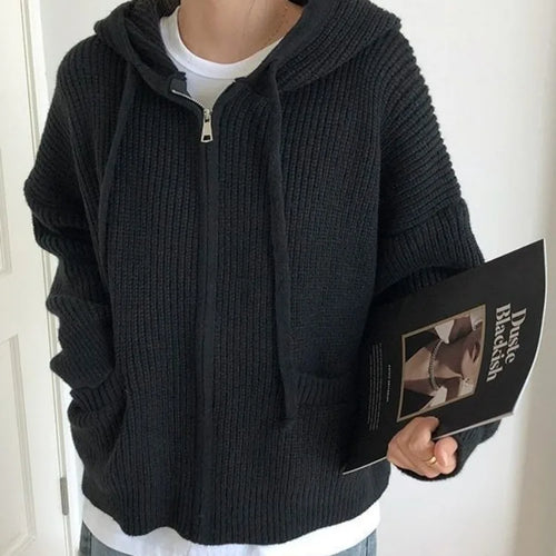 Load image into Gallery viewer, Double Zipper Women Y2k Knitwear Autumn Ladies Streetwear Jacket Sweater Coat Grunge Vintage Loose Solid Hooded Cardigans Damski
