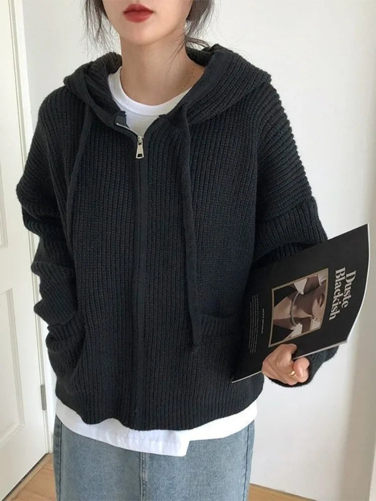 Double Zipper Women Y2k Knitwear Autumn Ladies Streetwear Jacket Sweater Coat Grunge Vintage Loose Solid Hooded Cardigans Damski