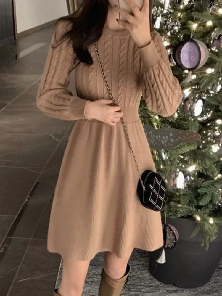 Knitted Sweater Black Dress Women Autumn Winter Korean Style Kpop Wrap School Wrap Long Sleeve Dresses