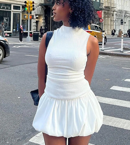 Ribbed Solid Turtleneck Sleeveless Backless Elegant Sexy Pleated Mini Dress Summer Women Outfit Birthday Party Festival