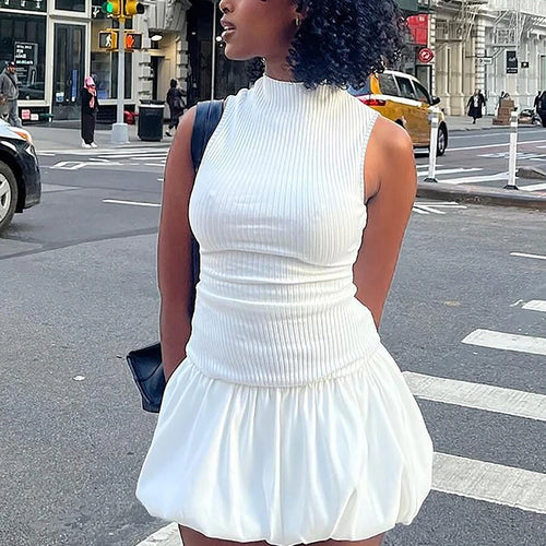 Load image into Gallery viewer, Ribbed Solid Turtleneck Sleeveless Backless Elegant Sexy Pleated Mini Dress Summer Women Outfit Birthday Party Festival
