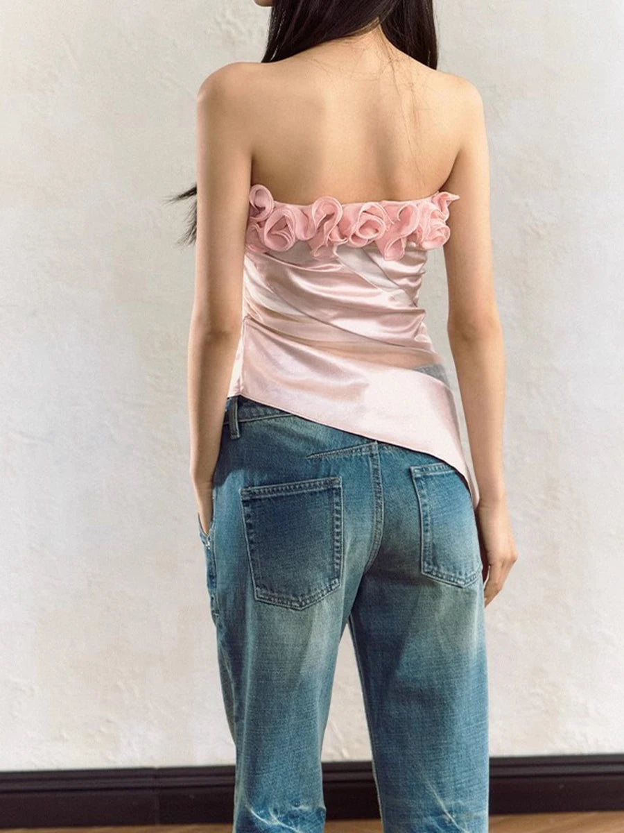 Hit Color Slimming Spliced Appliques Vests For Women Strapless Sleeveless Tunic Temperament Chic Vest Female New