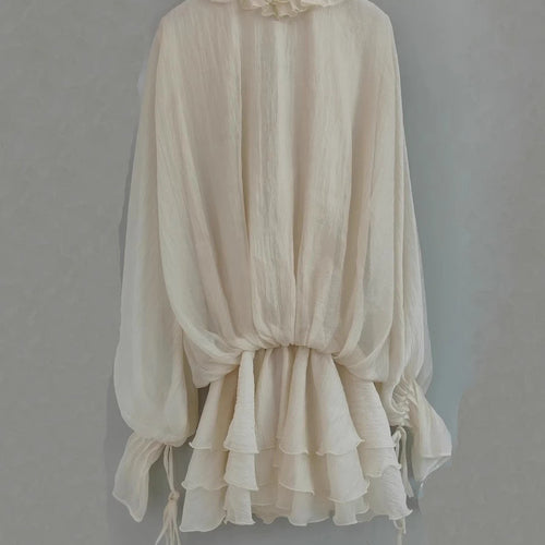 Load image into Gallery viewer, Solid Spliced Appliques Loose Dresses For Women V Neck Long Sleeve High Waist Temperament Mini Dress Female Fashion
