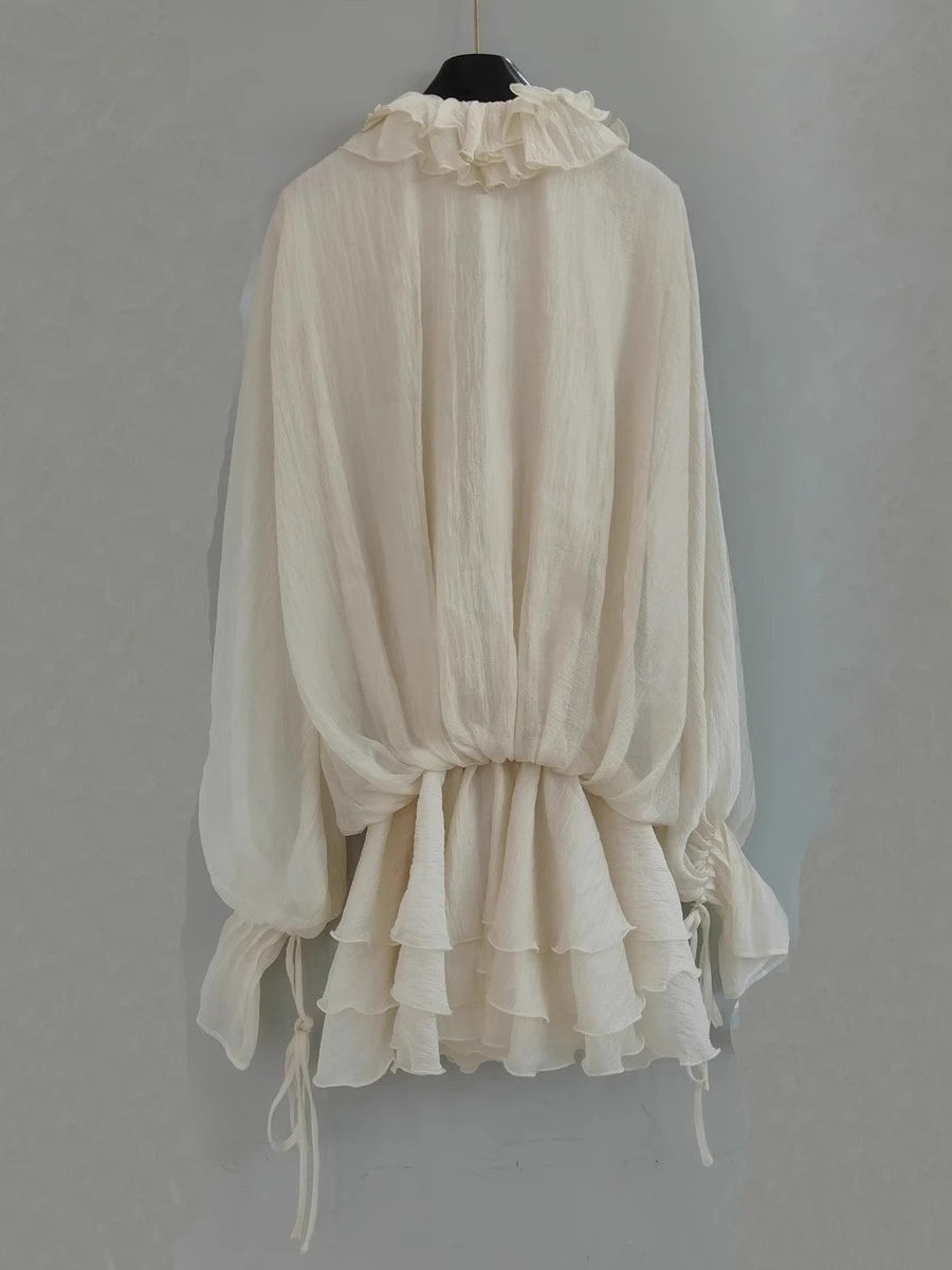 Solid Spliced Appliques Loose Dresses For Women V Neck Long Sleeve High Waist Temperament Mini Dress Female Fashion