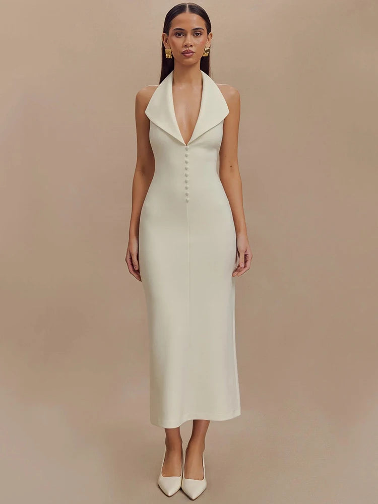 Halter Deep V Neck Sleeveless Sexy Maxi Dress For Women Elegant Backless Bodycon Tank Dress Femme Fashion Long Dress