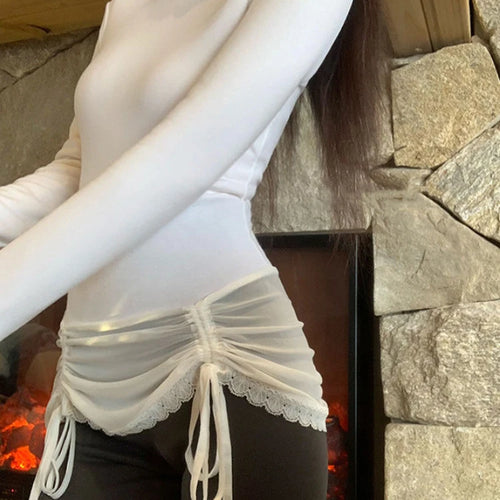 Load image into Gallery viewer, Y2k Aesthetics Sexy Gauze Patchwork Tops Women Slim Half High Collar T-shirt Harajuku Vintage Drawstring Grunge E-girls Shirts
