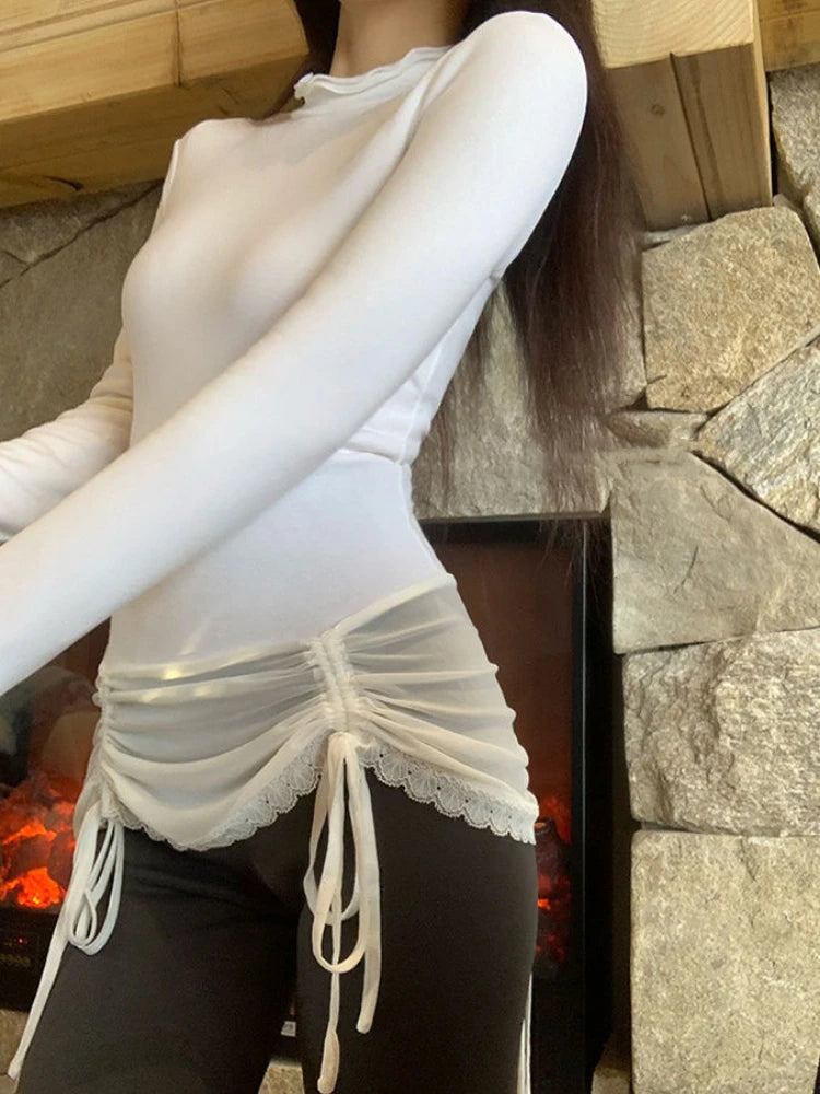 Y2k Aesthetics Sexy Gauze Patchwork Tops Women Slim Half High Collar T-shirt Harajuku Vintage Drawstring Grunge E-girls Shirts