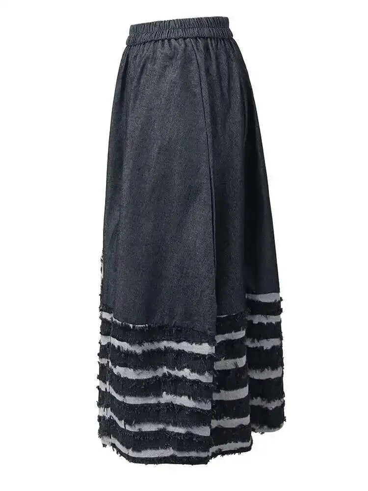 High Elastic Waist Black Burr Striped Irregular A-line Half-body Skirt Women Fashion Tide New Spring Autumn 2025 1DH5351