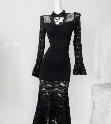 Autumn Chinese Style Black Lace Elegant Hollow Out Prom Gown Fishtail Dress Women Vintage Pink Long Sleeves Party Evening Dress