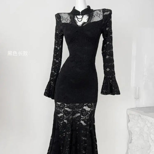 Load image into Gallery viewer, Autumn Chinese Style Black Lace Elegant Hollow Out Prom Gown Fishtail Dress Women Vintage Pink Long Sleeves Party Evening Dress
