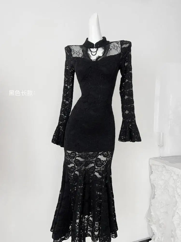 Autumn Chinese Style Black Lace Elegant Hollow Out Prom Gown Fishtail Dress Women Vintage Pink Long Sleeves Party Evening Dress