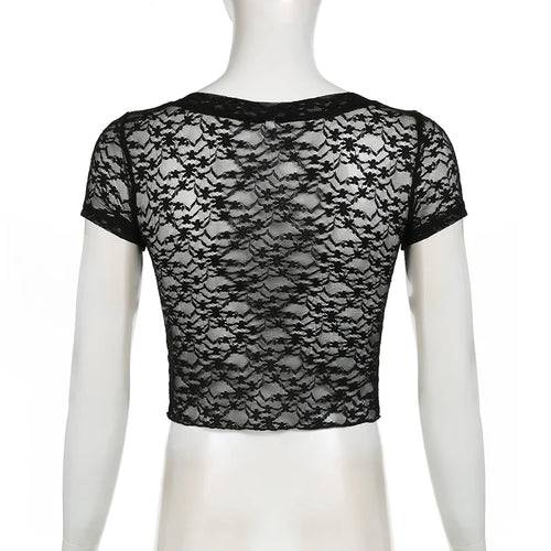 Load image into Gallery viewer, Fashion Chic Black Summer T-shirts Women See Through Tie-Up Bow Crop Top Lace Shirts Y2K Party Clothes Skinny Gothic
