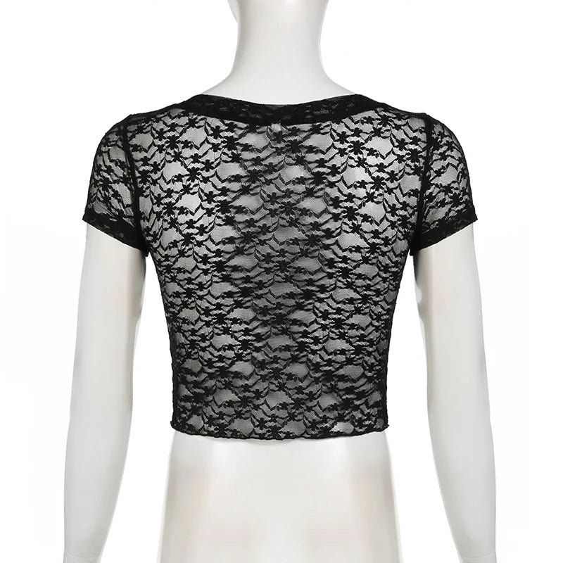 Fashion Chic Black Summer T-shirts Women See Through Tie-Up Bow Crop Top Lace Shirts Y2K Party Clothes Skinny Gothic