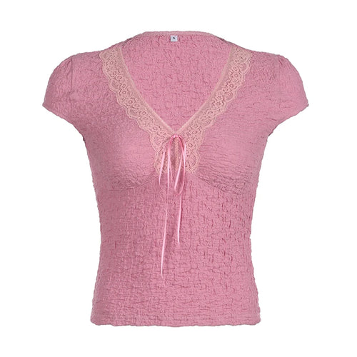 Load image into Gallery viewer, Hotsweet Pink Skinny Women T-shirts Tie-Up Lace Patchwork Y2K Top Cute Coquette Texture Summer Tees Wrinkled Outfits
